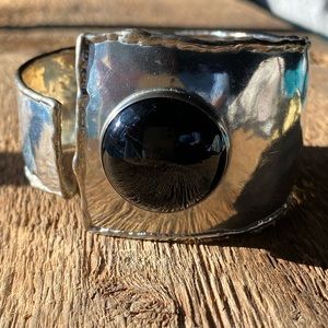 STERLING SILVER & ONYX stone cuff wrap adjustable bracelet by Liza Lub, signed.
